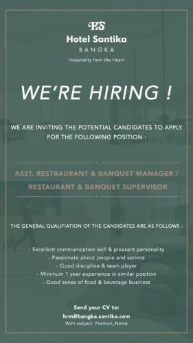 info Loker Asst Restaurant & Banquet Manager/Restaurant & Banquet Supervisor @ Hotel Santika Bangka