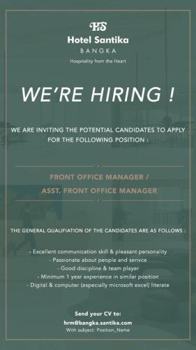 info Loker Front Office Manager./Asst Front Office Manager @Hotel Santika-Bangka