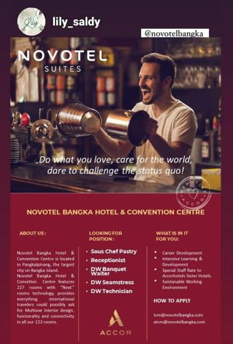 info Loker Sous Chef Pastry;Receptionist;DW Banquet Waiter;DW Seamstress & DW Technician @Novotel Bangka Hotel