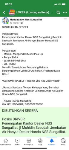 info loker Driver @Honda Nss Sungailiat-Bangka