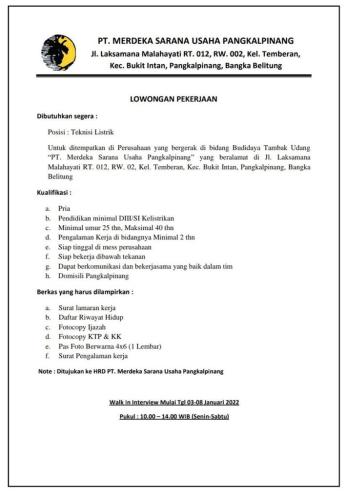 info Loker Teknisi Listrik @PT Merdeka Sarana Usaha Pangkalpinang