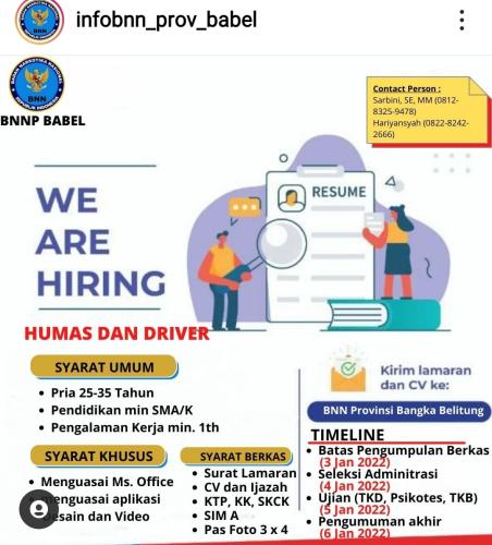 info Loker Humas dan Driver @badan narkotika nasional Prov Bangka Belitung
