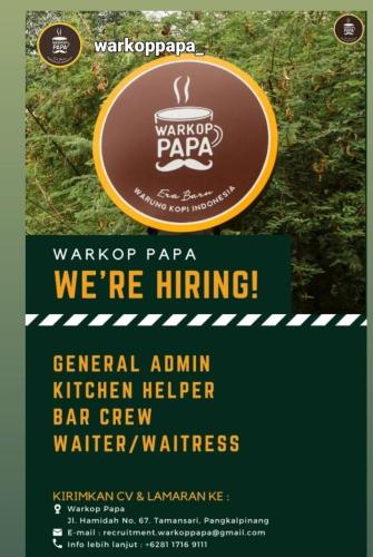info Loker General Admin,Kitchen Helper,Bar Crew & Waiter/waitress @warkoppapa_ Pangkalpinang