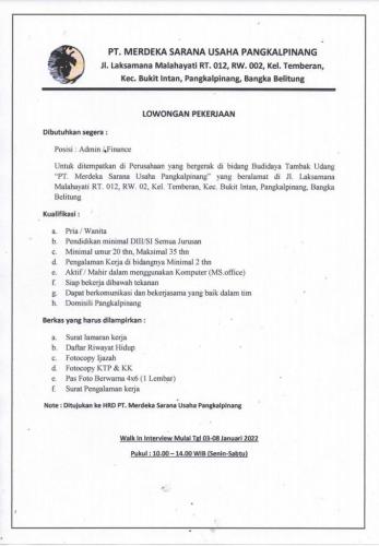 info Loker Admin Finance @PT Merdeka Sasara Usaha Pangkalpinang
