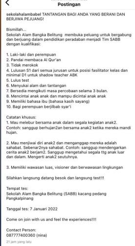 info Loker Guru/Fasilitator Kelas & Guru Pendamping Anak Berkebutuhan Khusus@sekolah alam Babel
