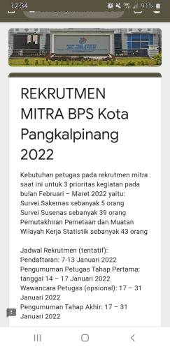 info Rekrutment Mitra BPS/Badan Pusat Statistik-Pangkalpinang