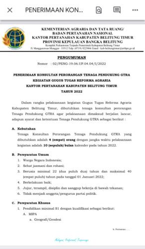 info Loker Konsultan Perorangan Tenaga Pendukung GTRA/gugus tugas reforma agraria-Belitung Timur