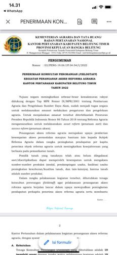 info Loker Fieldstaff penanganan akses Reforma agraria @kantor pertanahan Kab Beltim