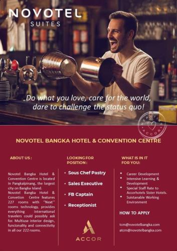 info Loker Sous Chef Pastry,Sales Executive,FB Captain & Receptionist @Novotel Bangka Hotel