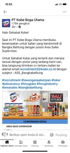 info Loker Area Sales Supervisor @PT Kobe Boga Utama-Bangka Belitung