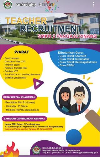 info Loker Guru teknik otomotif,informatika,ketenagalistrikan & Guru BP/BK @SMKN2-Pangkalpinang