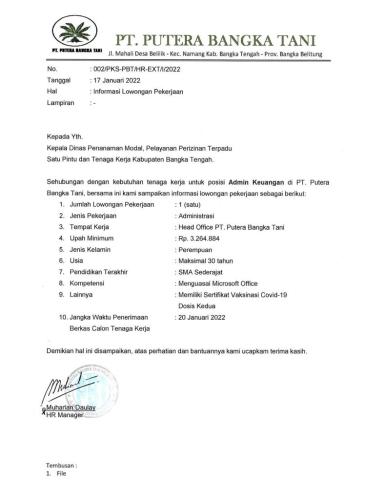 info Loker Administrasi @PT Putra Bangka Tani-Bangka Tengah