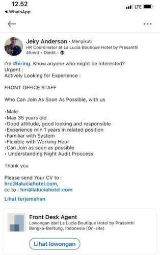 info Loker Front Office Staff @La Lucia Boutique-Belitung