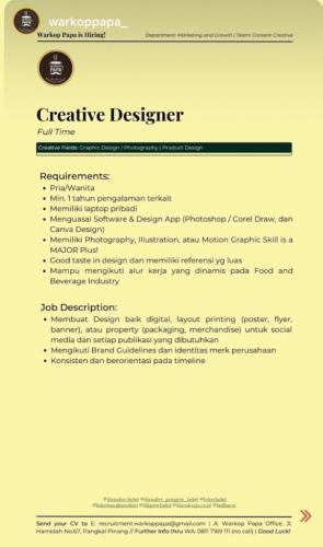info Loker Creatif Designer & Content Marketing Spesialist @warkoppapa_ -Pangkalpinang