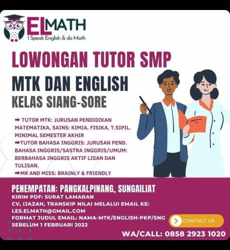 info Loker Tutor Sekolah SMP untuk  bidang Matematika & English-Pangkalpinang & sungailiat