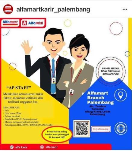 info Loker AP Staff @alfamartkarir_palembang -Belitung Timur/Manggar