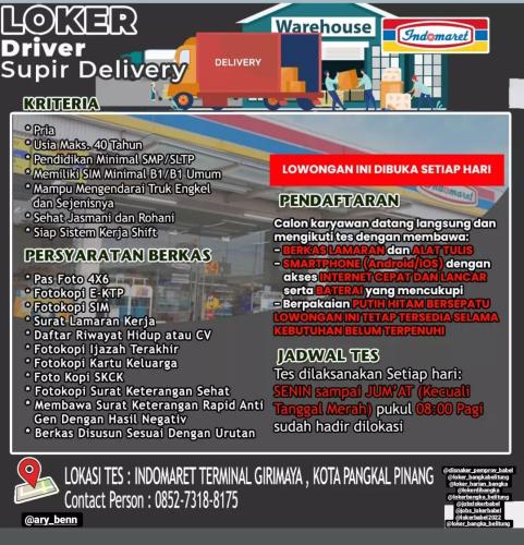 info Loker Driver Delivery @indomaret-bangka Pangkalpinang