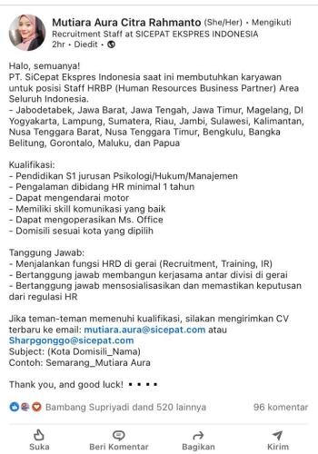 info Loker Human Resources Business Partner @PT Sicepat Express-Bangka Belitung
