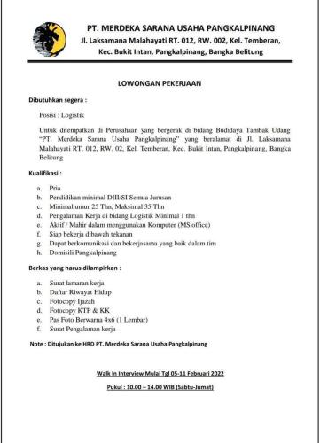 info Loker Logistik PT Merdeka Sarana Usaha Pangkalpinang