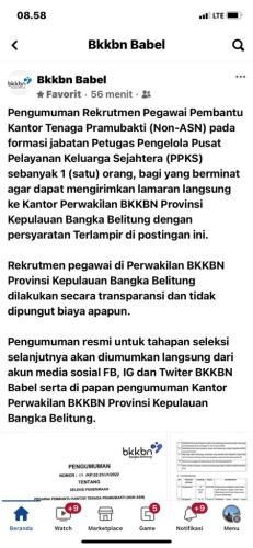 info Rekrutmen Tenaga Pramubakti Non ASN Petugas Pengelola Pusat Pelayanan Keluarga Sejahtera-BKKBN Prov Kep Babel