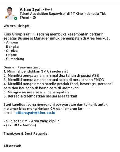 info Loker Business Manager-KINO GROUP-Bangka
