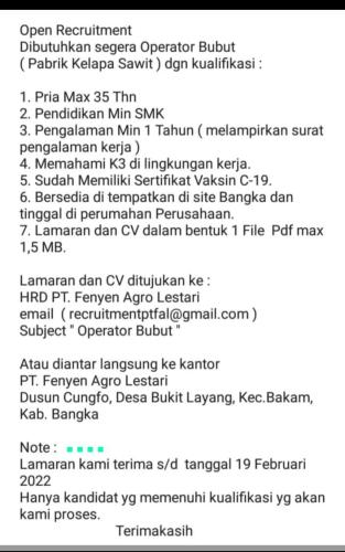 info Loker Operator BUbut-PT Fenyen Agro Lestari-Bakam Bangka