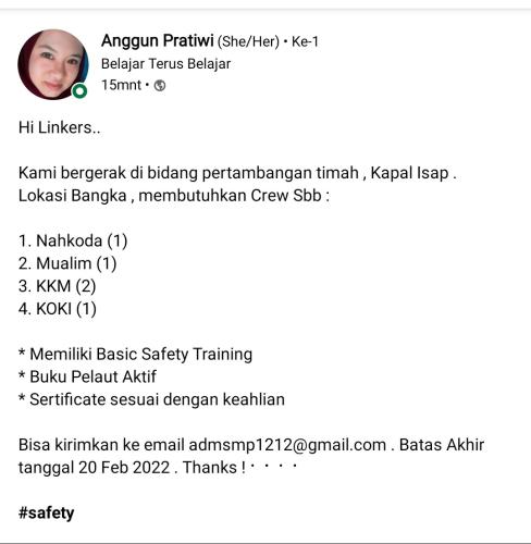 info Loker Nahkoda,Mualim,KKM,Koki -Pertambangan timah-Bangka