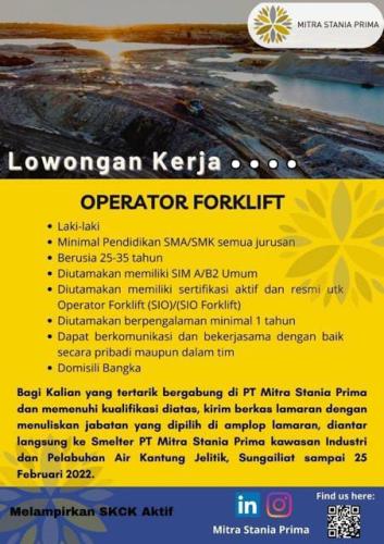 info Loker Operator Forklift -PT Mitra Stania Prima-Bangka