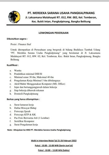 info Loker Finance Staff -PT Merdeka Sarana Usaha Pangkalpinang