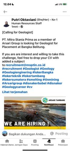 info Loker Geologist -PT Aega Prima/ARSARI Group-Bangka Belitung