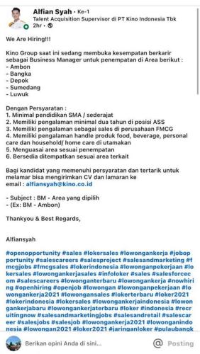info Loker Business Manager-PT Kino Indonesia Tbk-Bangka