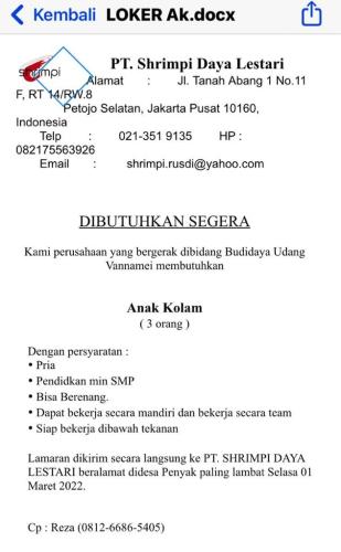 info Loker Anak Kolam-PT Shrimpi Daya Lestari-Bangka