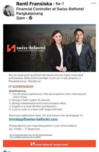 info Loker iT Supervisor-Swiss BelHotel Pangkalpinang