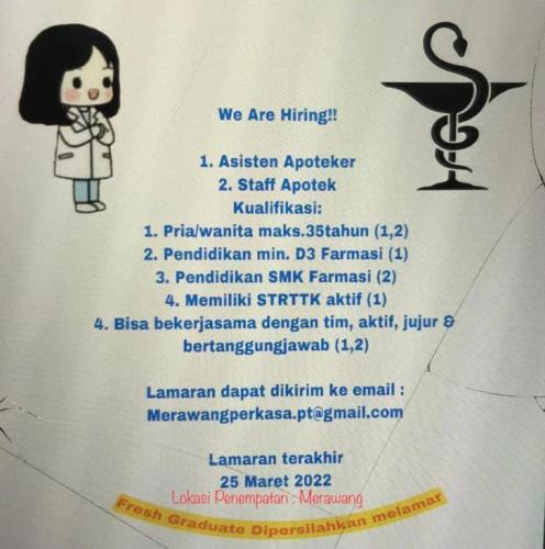info kesempatan kerja Asisten apoteker & Staff Apotek-Merawang Bangka