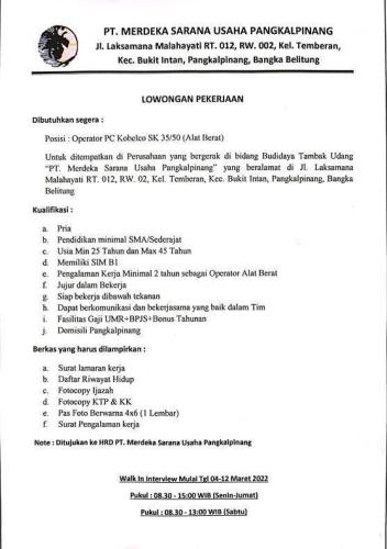 info Loker Operator PC Kobelco SK 35/50-Pangkalpinang