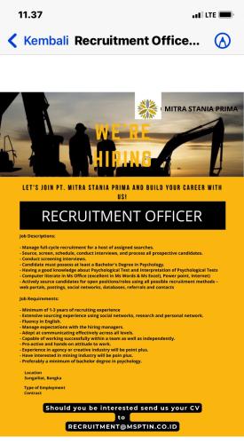 info Loker Mine Plan Engineer & Recruitment Officer-Mitra Stania Prima-Bangka
