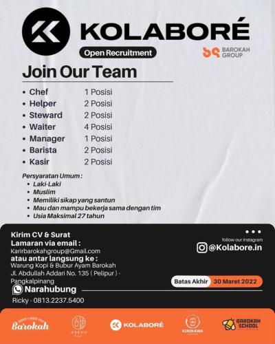 info Loker Chef,Helper,Steward,Waiter.Manager,Barista & Kasir-Kedai Kopi-KOLABORE Pangkalpinang