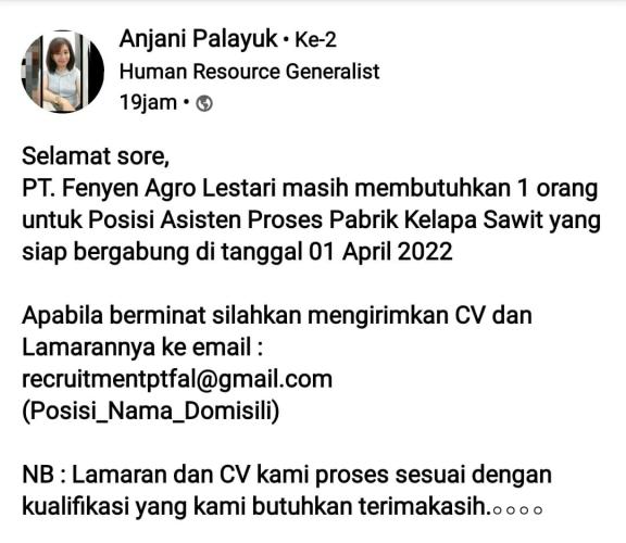info Loker Asisten Proses Pabrik Kelapa Sawit-Bangka-Penyamun