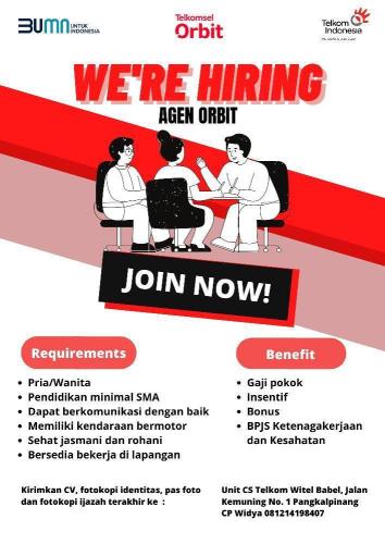 info kesempatan kerja Agen Orbit Telkom Indonesia-Pangkalpinang