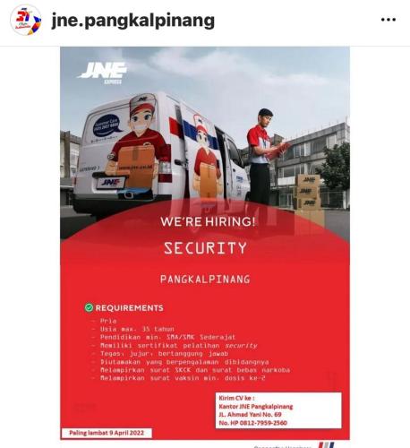 info Loker Marketing Corporate & Security-JNE Pangkalpinang