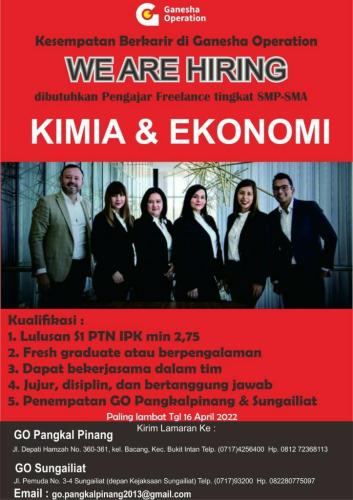 info Kesempatan kerja Guru Pengajar/Freelance Kimia & Ekonomi-Ganesha Operation-Pangkalpinang