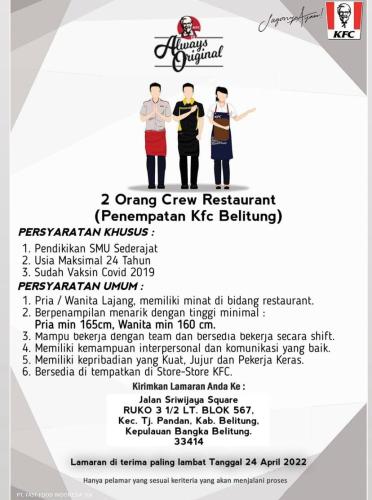 info Loker Crew Retaurant-KFC Belitung