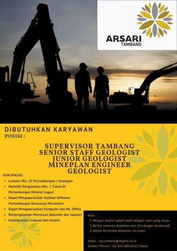 info Loker Supervisor Tambang,Senior Staff Geologist,Junior Geologist,Mineplan Engineer Geologist-PT Mitra Stania Prima-Bangka