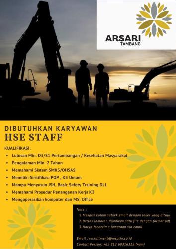 info Loker HSE Staff-PT Mitra Stania Prima-Bangka