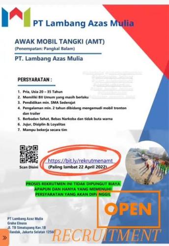 info Loker Awak Mobil Tangki-PT Lambang Azas Mulia-Pangkal Balam-Pangkalpinang