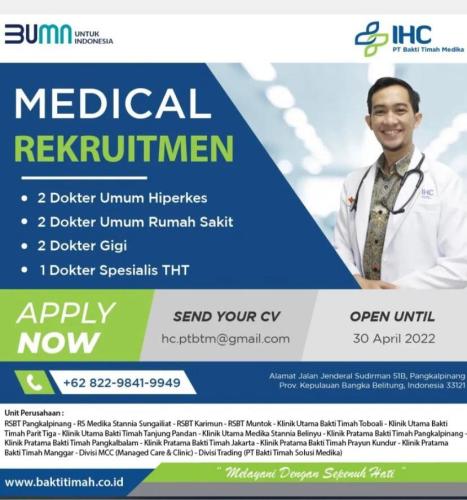 info Loker Dokter: Umum Hiperkes,Umum rumah sakit,Gigi dan spesialis THT-baktiitimah group-Pangklapinang