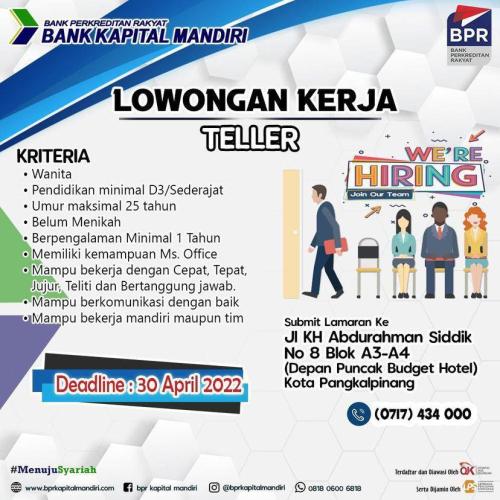 info Loker Teller-BPR/Bank Kapital Mandiri-Pangkalpinang