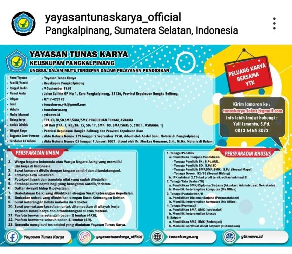 info Kesempatan kerja di Yayasan Tunas Karya KEUSKUPAN-Pangkalpinang