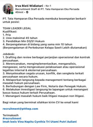 info Loker Tim Leader Legal-PT THEP-Bangka