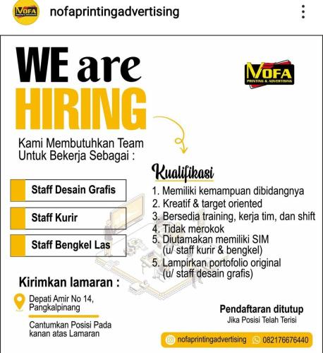 info kesempatan kerja STAFF: Desain Grafis,Kurir & Bengkel las-NOFAPRINTINGADVERTISING-Pangkalpinang